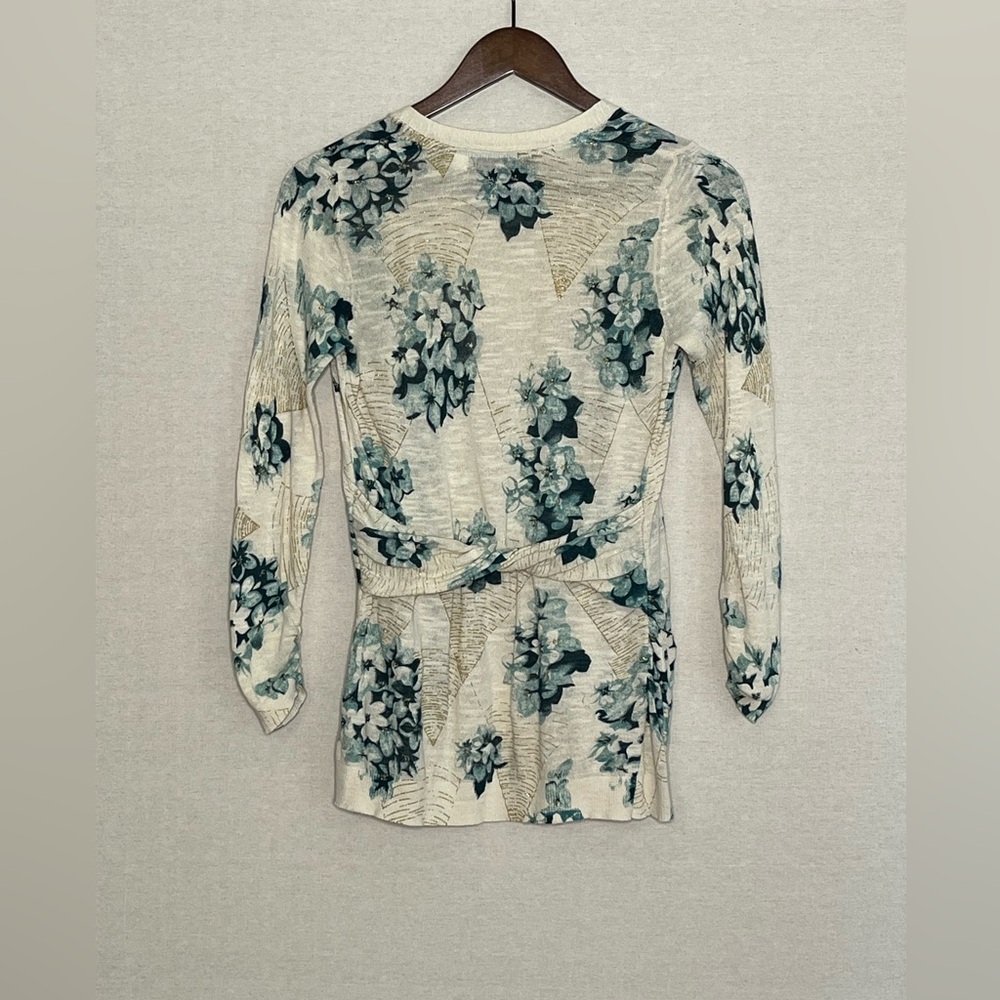 Anthropology lightweight blue-green floral cardigan with gold accents & pockets - Picture 2 of 5